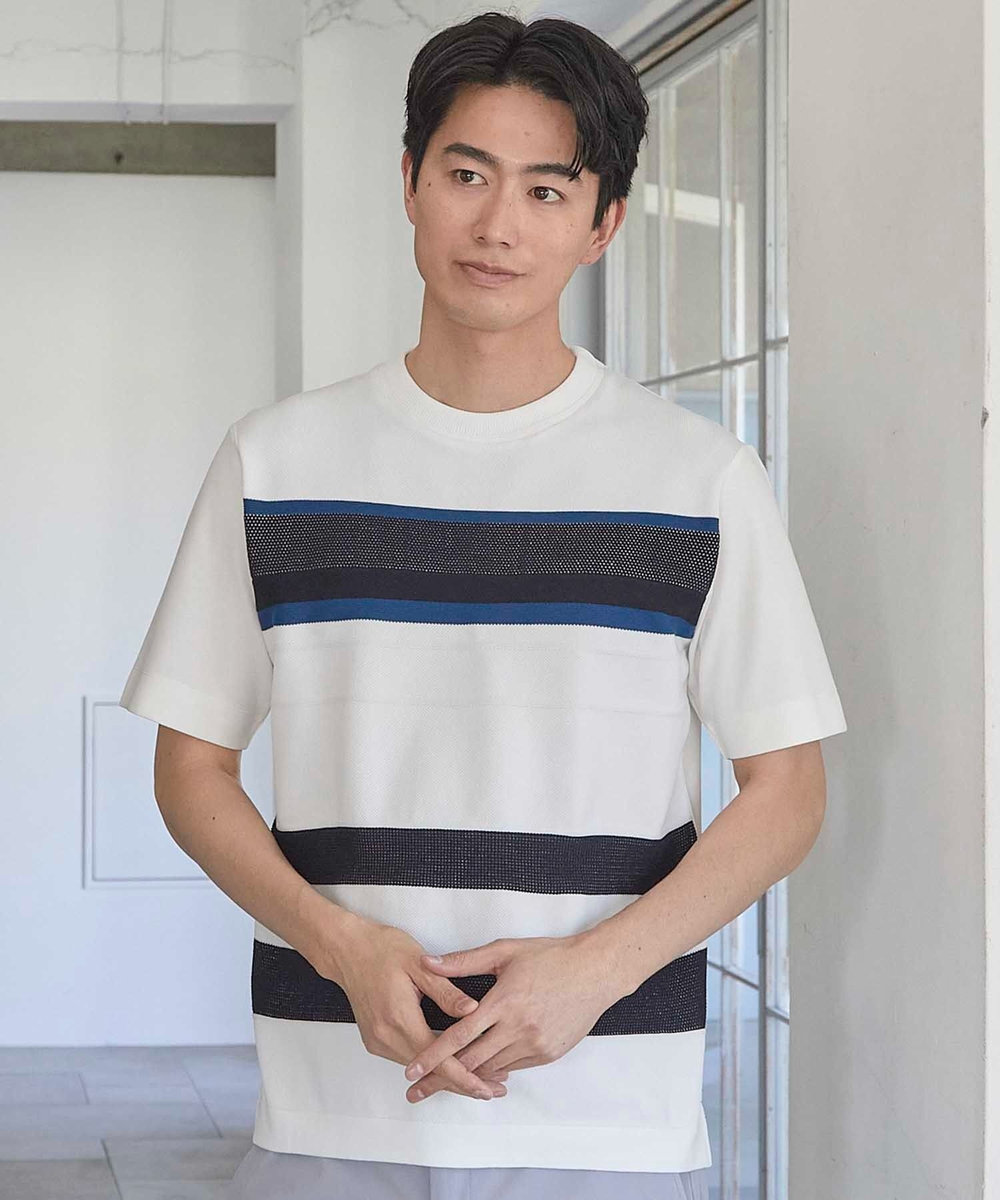UNION STATION ニット切り替え ボーダー ポンチTシャツ ホワイト