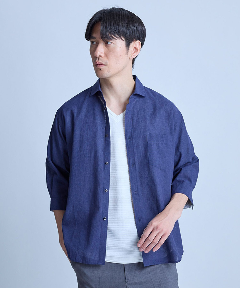 UNION STATION 【COOLMAX】フレンチリネン7分袖シャツ＜マシンウォッシャブル・通気性＞ ネイビー