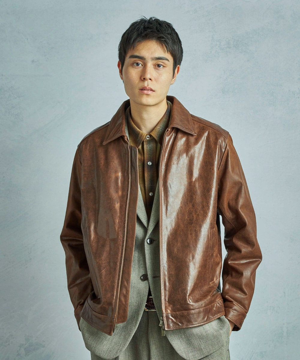 MEN'S BIGI ゴートレザー ライダースブルゾン ブラウン