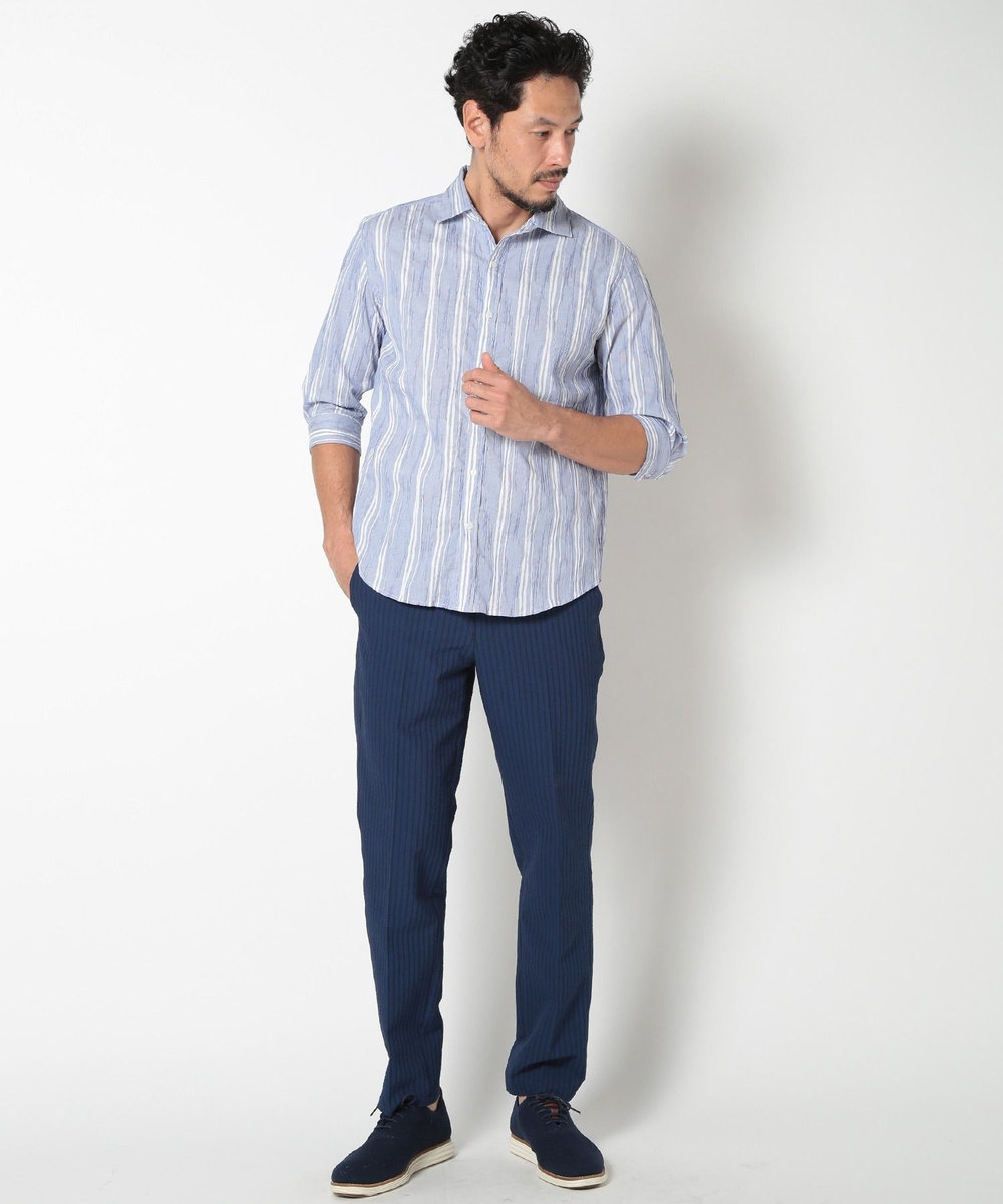 MEN'S BIGI 変形タックサッカーストライプ7分シャツ ブルー