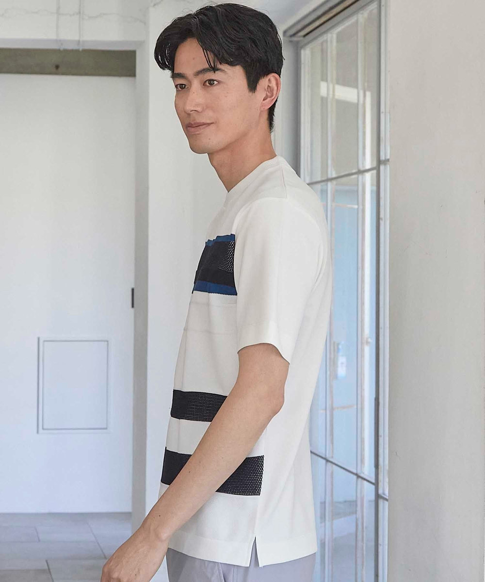 UNION STATION ニット切り替え ボーダー ポンチTシャツ ホワイト