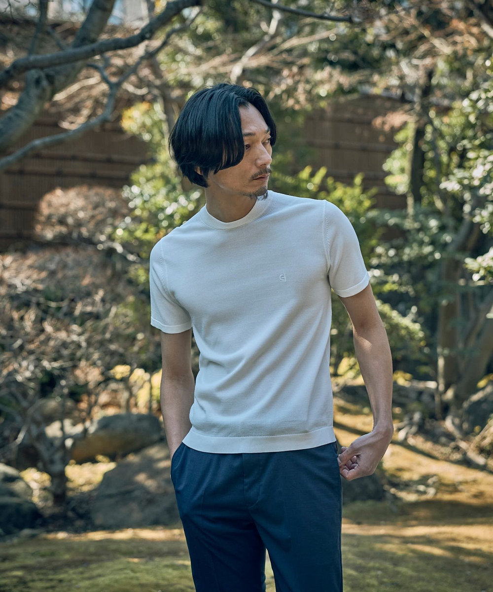 MEN'S BIGI 【COLE HAAN/コール ハーン】別注 ロゴ刺繍ニット半袖Tシャツ＜持続冷感＞ ホワイト