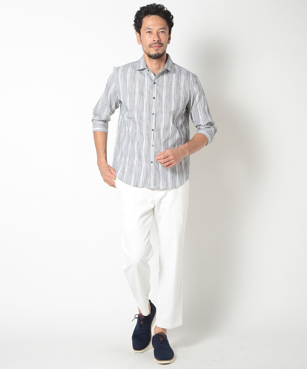 MEN'S BIGI 変形タックサッカーストライプ7分シャツ ネイビー