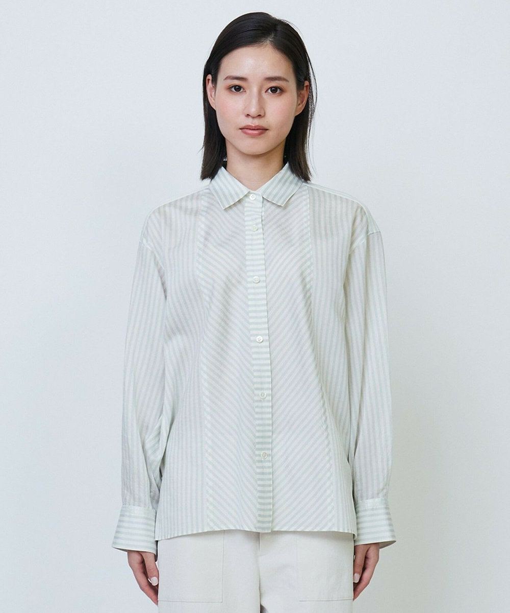 L'EQUIPE ワッシャーコットン＆ナチュラルストライプシャツ ライム