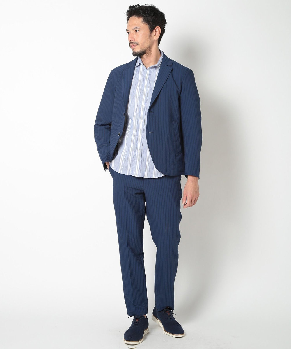 MEN'S BIGI 変形タックサッカーストライプ7分シャツ ブルー