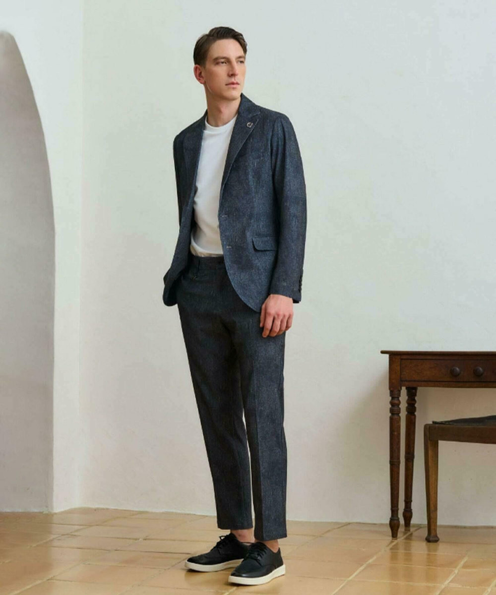 MEN'S BIGI 【COLE HAAN/コール ハーン】別注 トリコットメッシュデニムプリント ストレッチパンツ＜吸水速乾/EASY CARE＞ ブルー