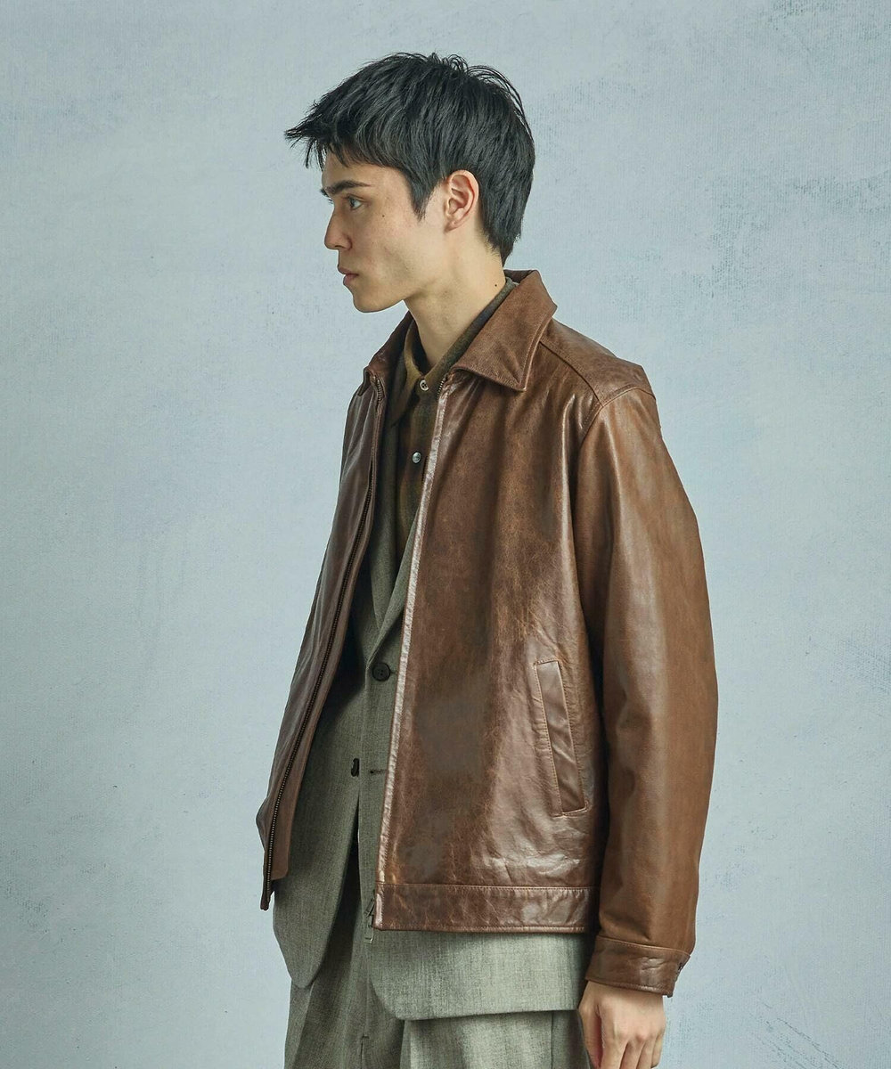 MEN'S BIGI ゴートレザー ライダースブルゾン ブラウン