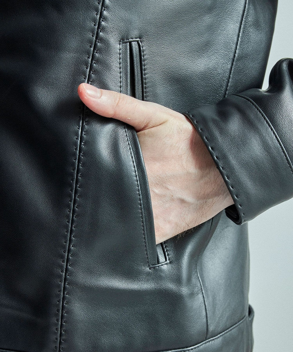 MEN'S BIGI スタンドカラーシングルライダース シープレザージャケット ブラック