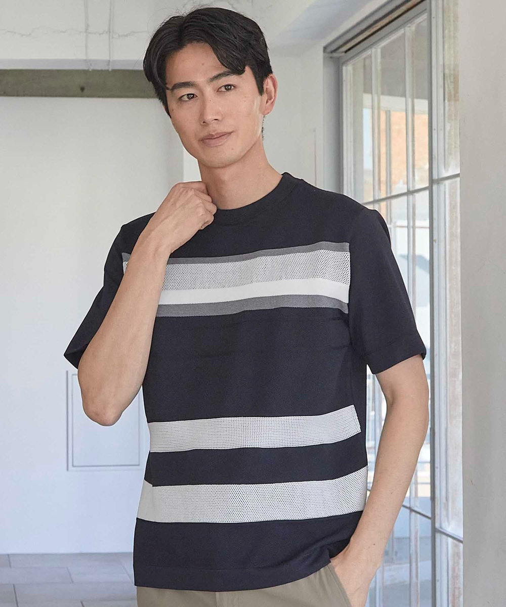 UNION STATION ニット切り替え ボーダー ポンチTシャツ ネイビー