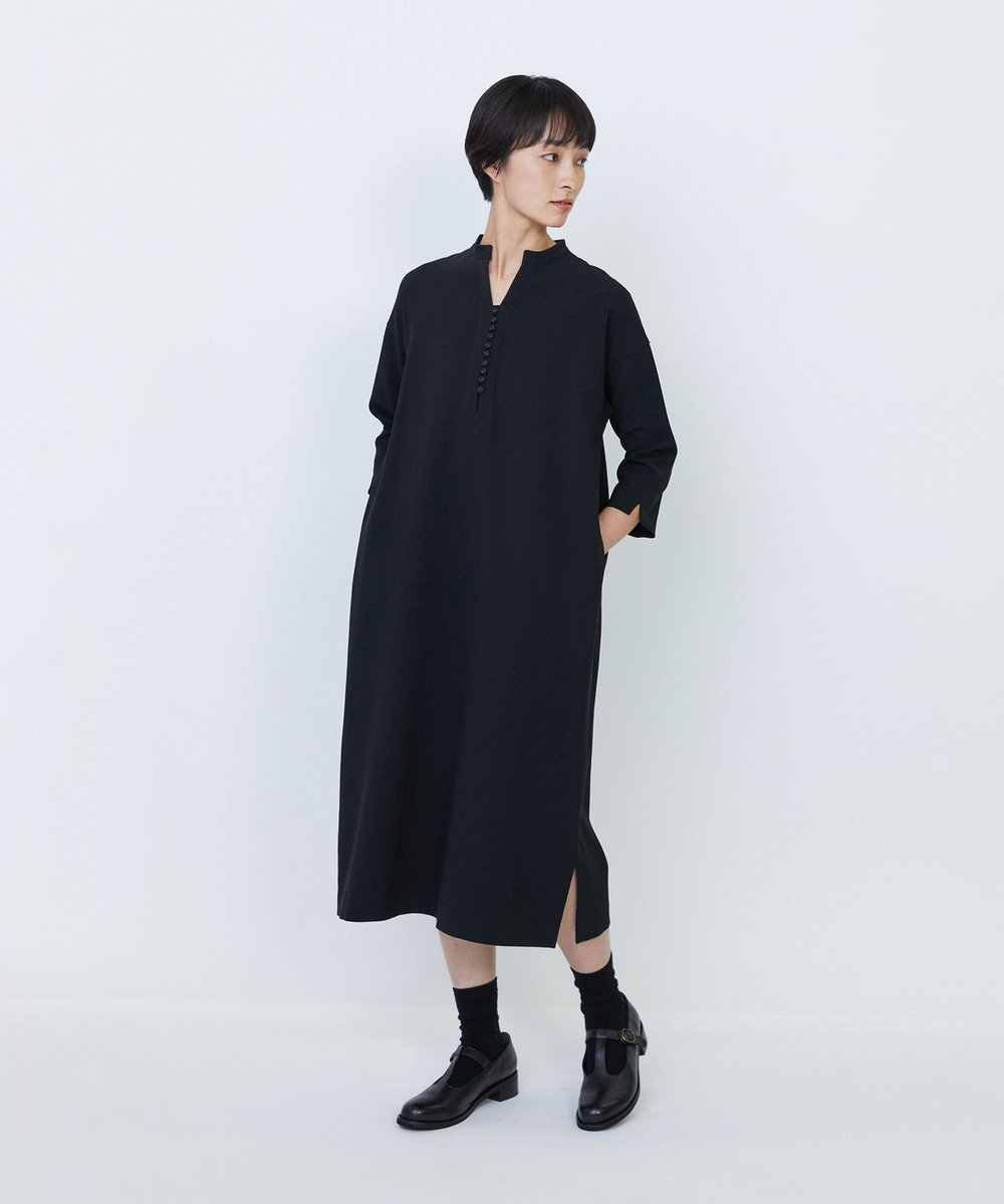 LOISIR エコダブルクロススタンドカラーワンピース ブラック