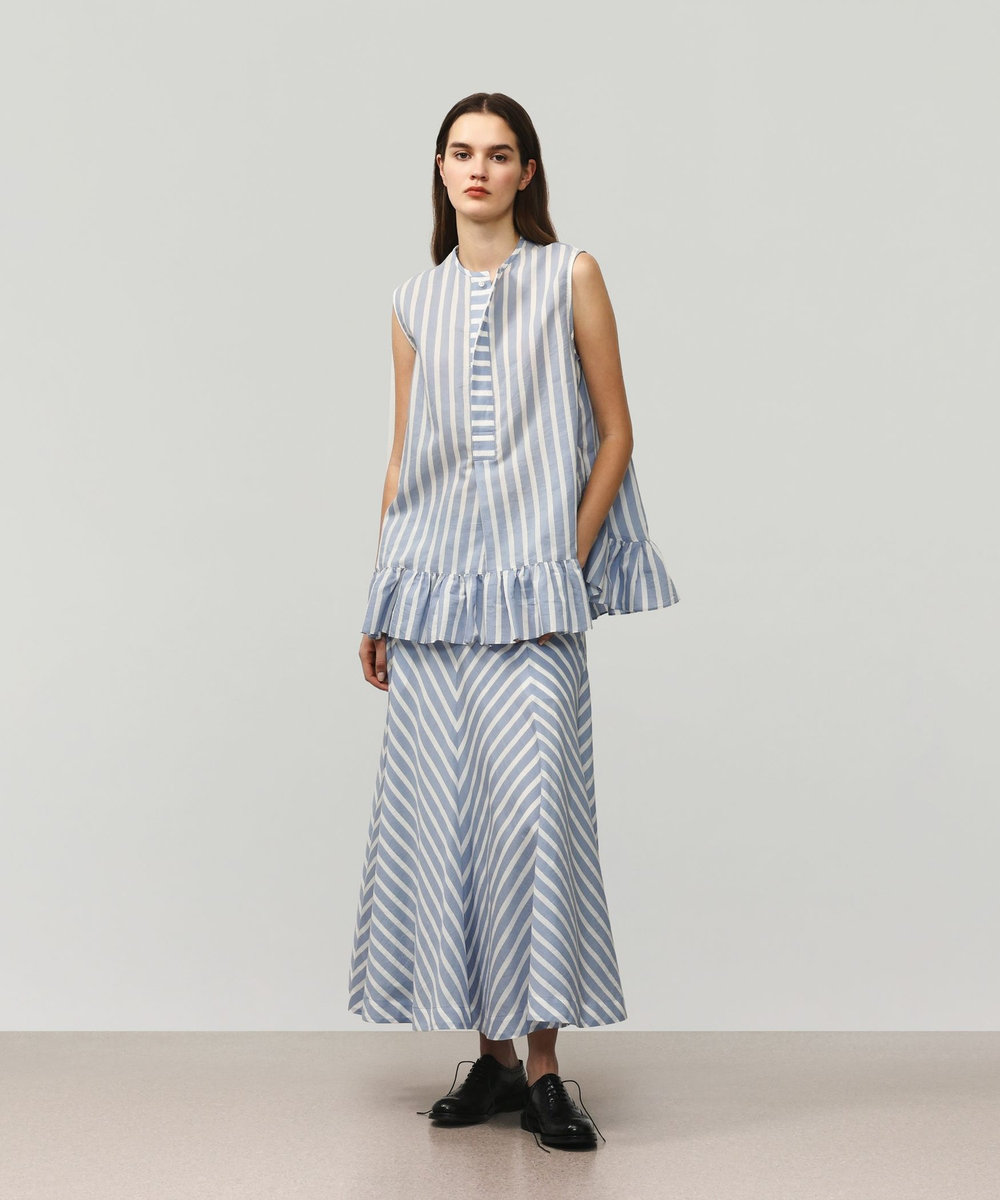 DÉPAREILLÉ COTTON SILK BORDER SLEEVELESS BLOUSE / コットンシルクボーダースリーブレスブラウス ブルー