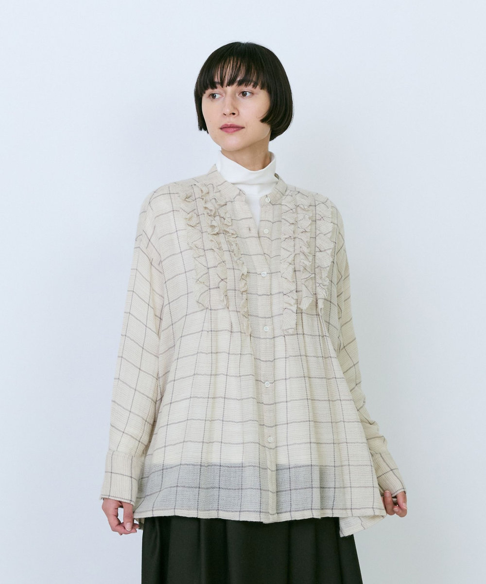 LOISIR ウールガーゼ断ち切りフリルブラウス ベージュ