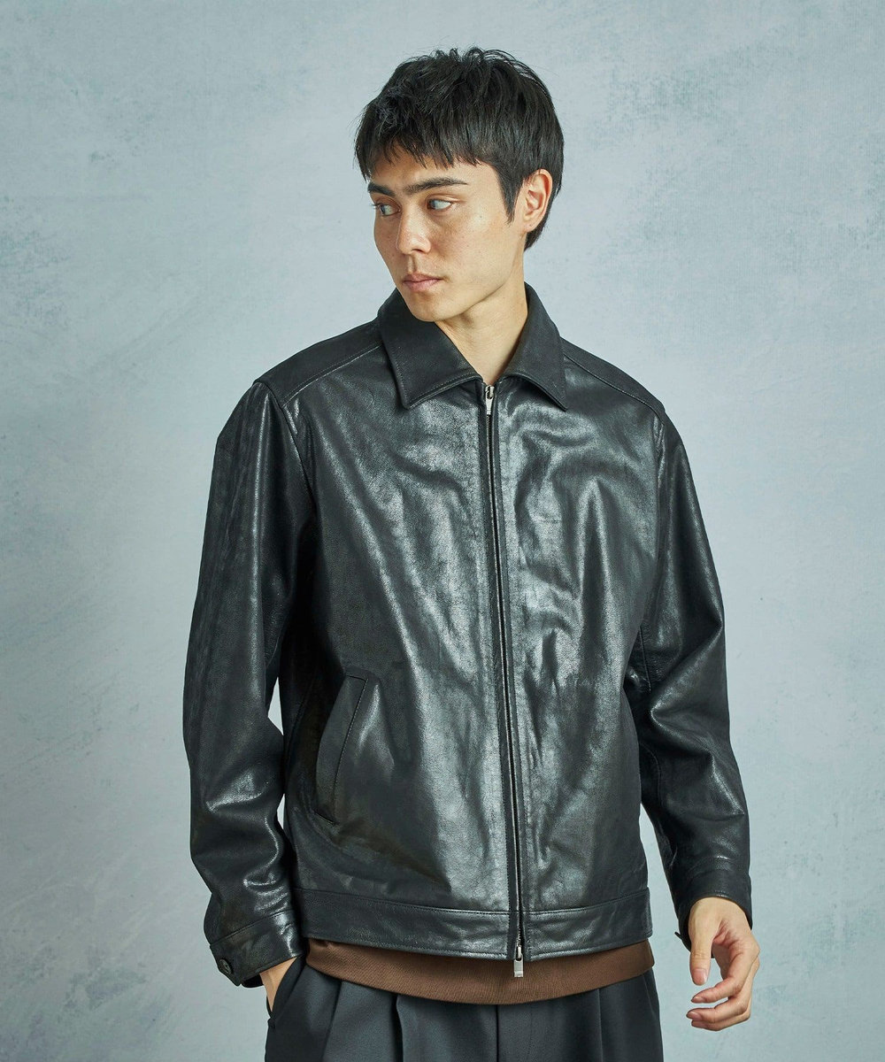 MEN'S BIGI ゴートレザー ライダースブルゾン ブラック