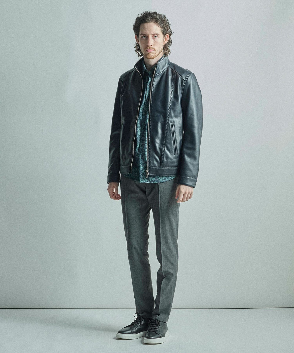 MEN'S BIGI スタンドカラーシングルライダース シープレザージャケット ネイビー