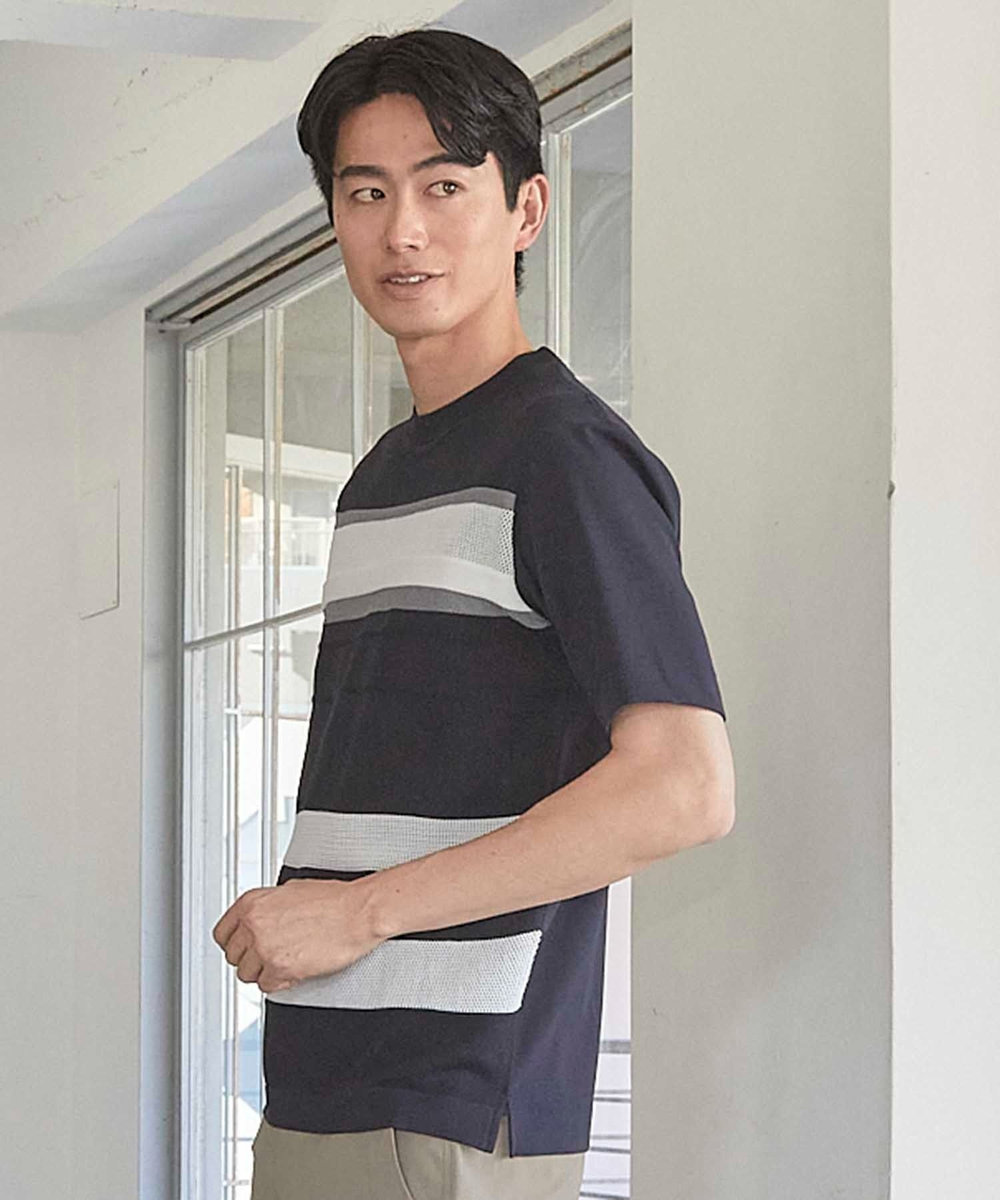 UNION STATION ニット切り替え ボーダー ポンチTシャツ ネイビー