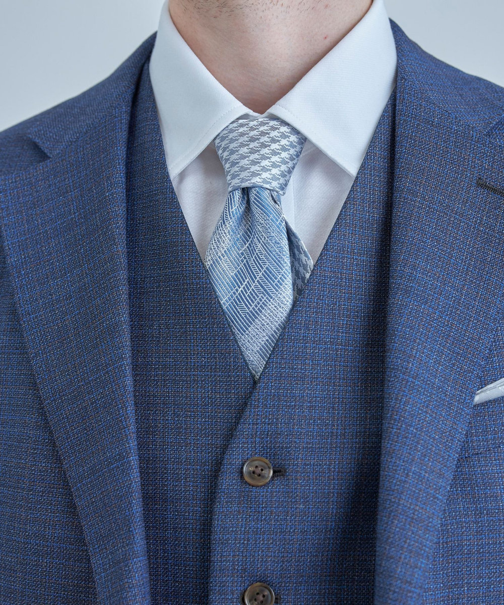 MEN'S BIGI ジオメトリック柄xシャドー千鳥柄クレリックタイ ブルー