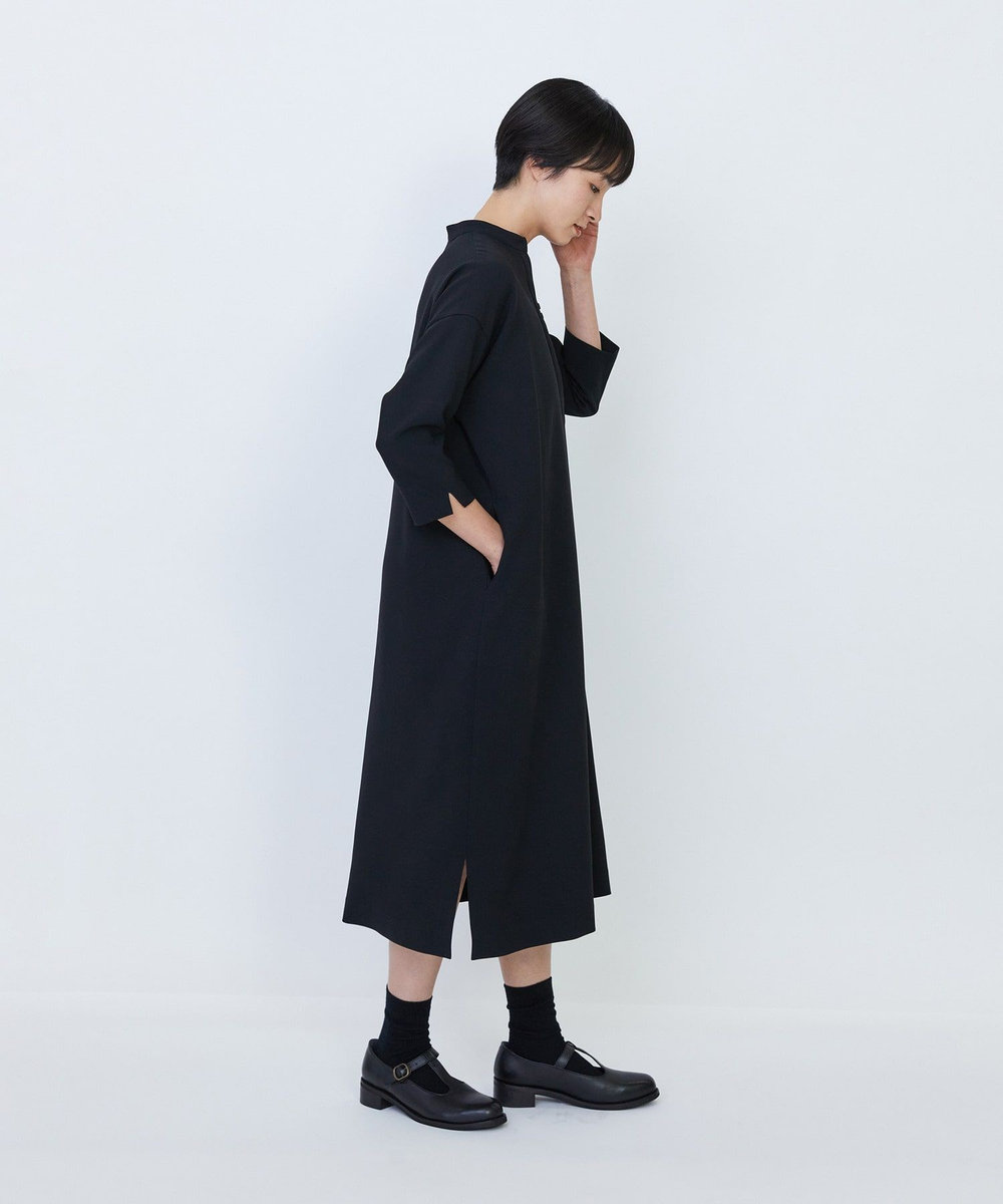 LOISIR エコダブルクロススタンドカラーワンピース ブラック