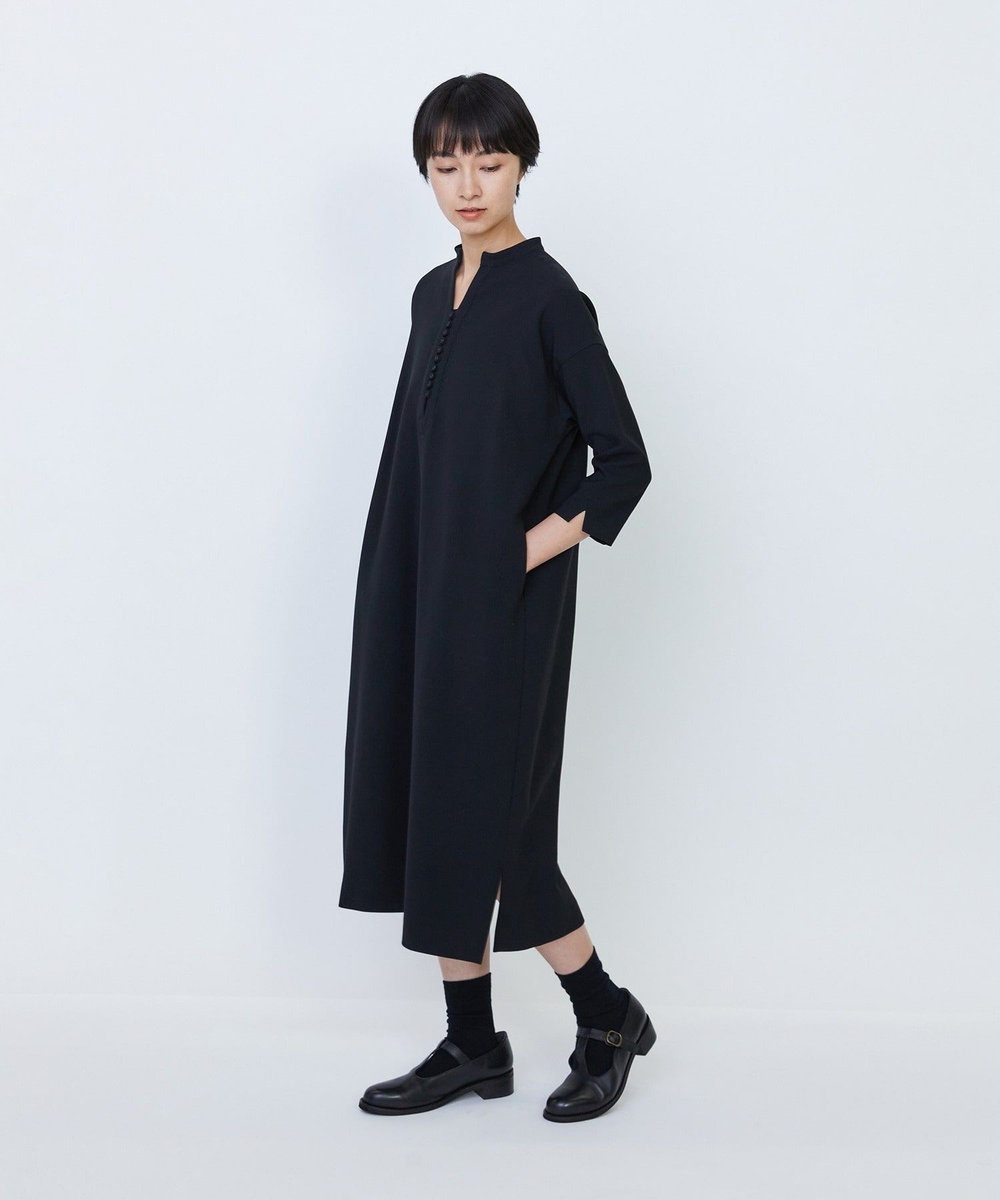 LOISIR エコダブルクロススタンドカラーワンピース ブラック