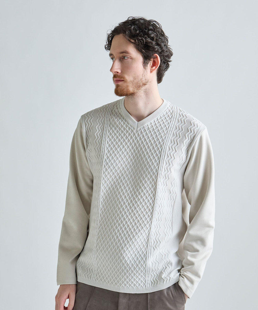 MEN'S BIGI アランパネル ニットコンビVネックロングTEE グレー