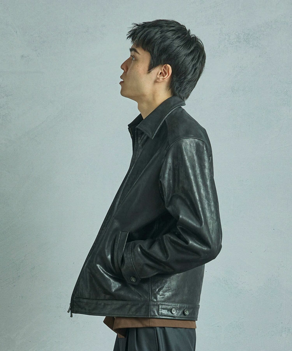 MEN'S BIGI ゴートレザー ライダースブルゾン ブラック