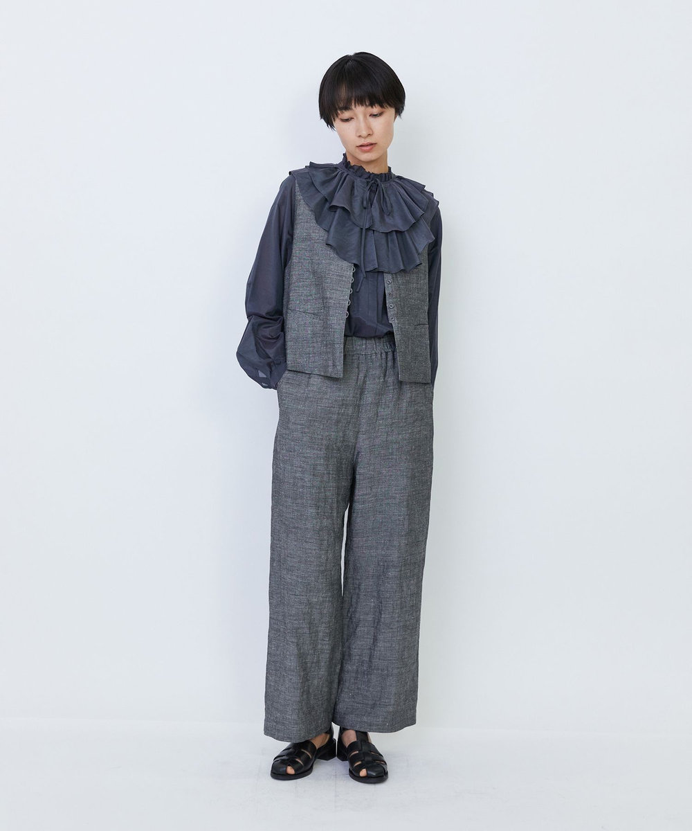 LOISIR 【付け襟セット】コットンシルクボイルフリルカラーブラウス ネイビー
