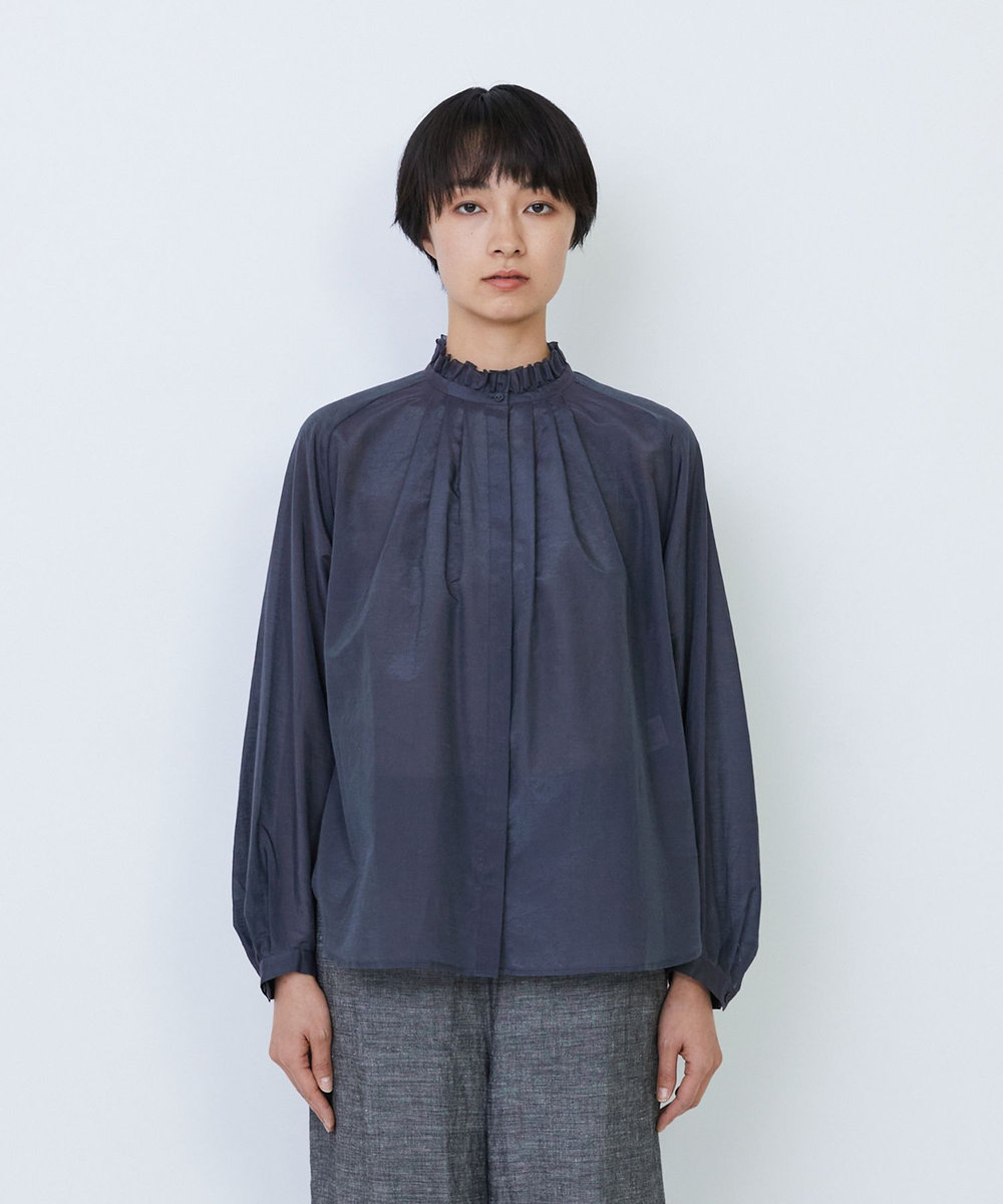 LOISIR 【付け襟セット】コットンシルクボイルフリルカラーブラウス ネイビー