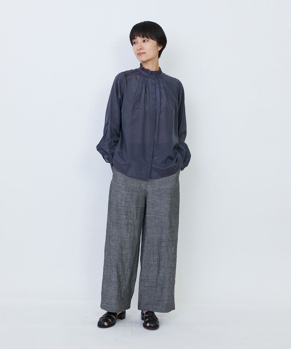 LOISIR 【付け襟セット】コットンシルクボイルフリルカラーブラウス ネイビー
