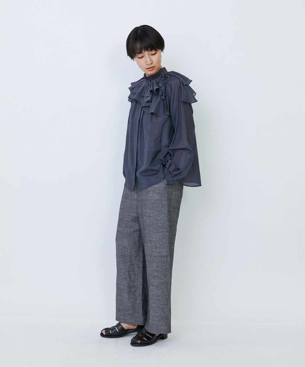 LOISIR 【付け襟セット】コットンシルクボイルフリルカラーブラウス ネイビー
