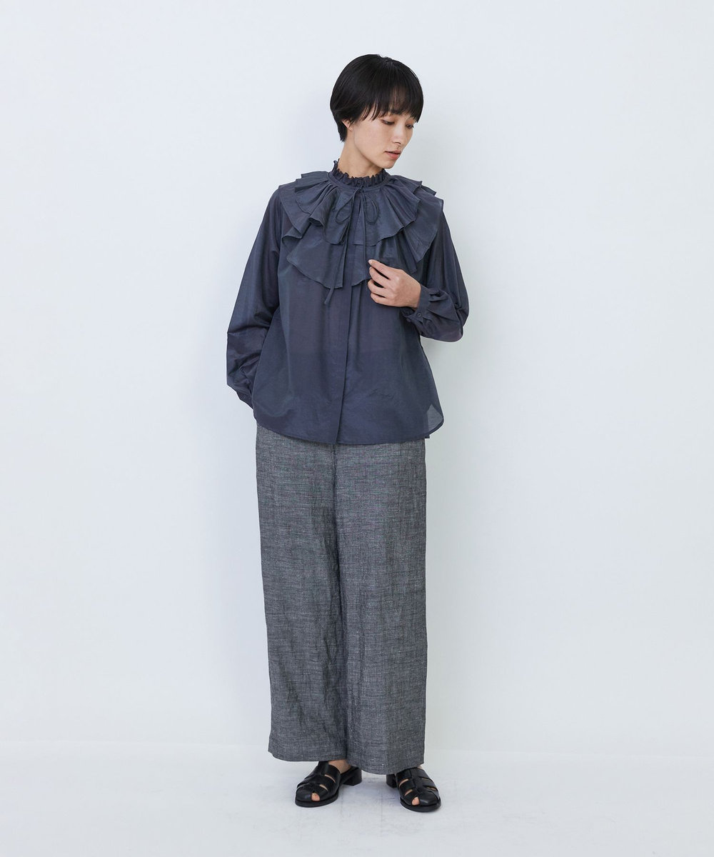 LOISIR 【付け襟セット】コットンシルクボイルフリルカラーブラウス ネイビー