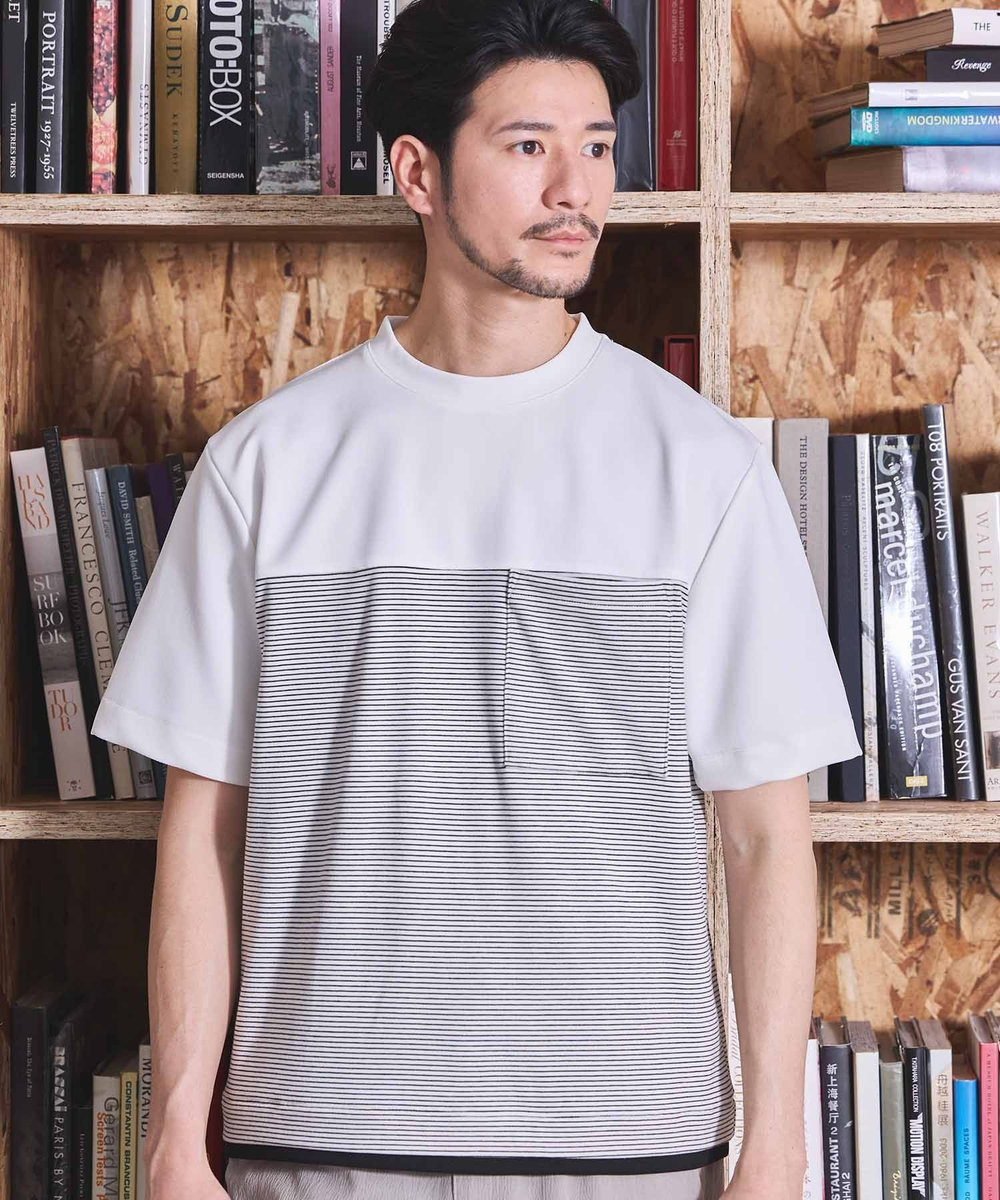 UNION STATION ボーダー天竺×ストレッチカルゼTシャツ ホワイト