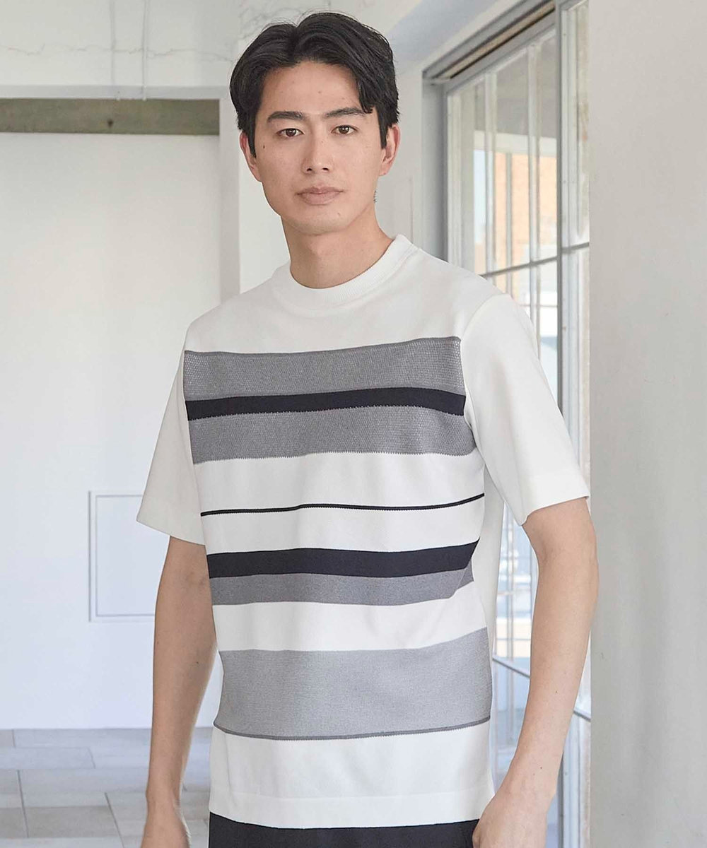 UNION STATION ニット切り替え ボーダー ポンチTシャツ ホワイト系その他
