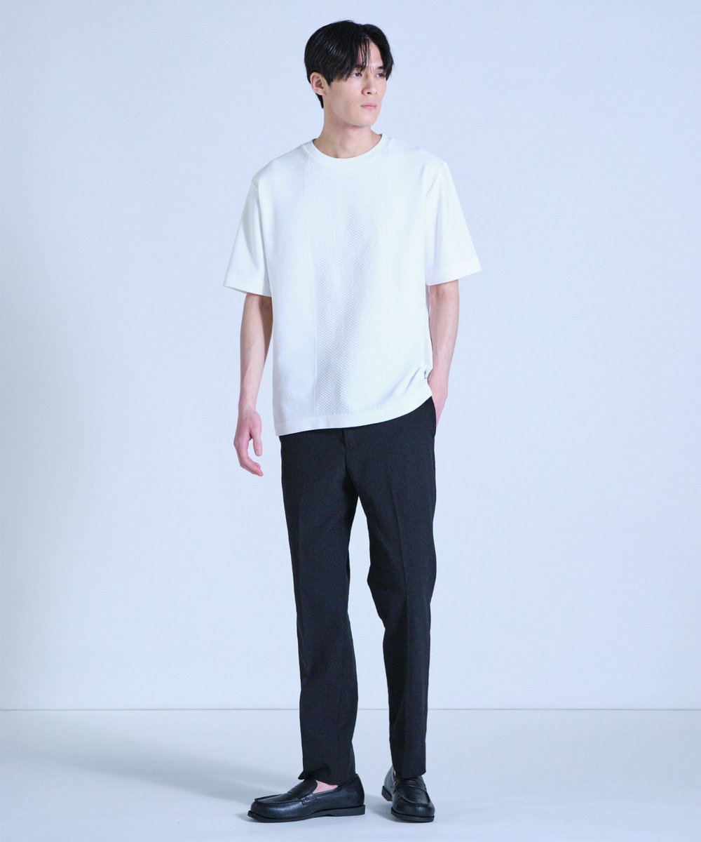 UNION STATION ニット×ポンチコンビハーフスリーブTシャツ＜ストレッチ・マシンウォッシャブル＞ ホワイト
