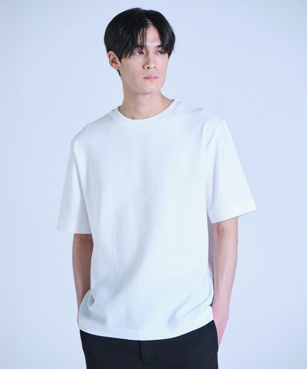 UNION STATION ニット×ポンチコンビハーフスリーブTシャツ＜ストレッチ・マシンウォッシャブル＞ ホワイト