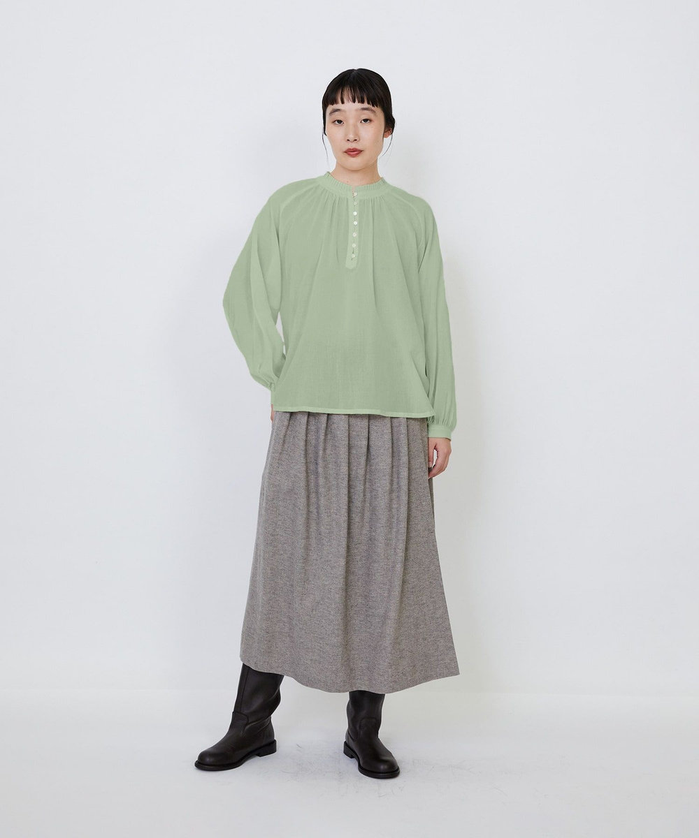 LOISIR コットンボイルタックフリルブラウス グリーン