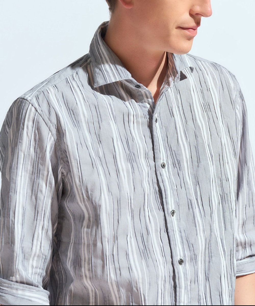 MEN'S BIGI 変形タックサッカーストライプ7分シャツ ネイビー