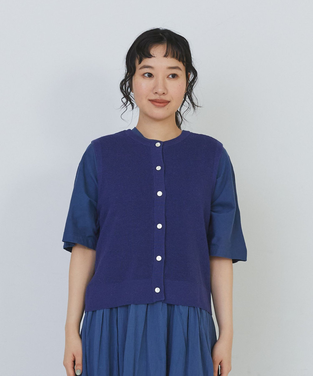 congés payés ADIEU TRISTESSE 14G麻綿ワッフル編み2WAYベスト ブルー