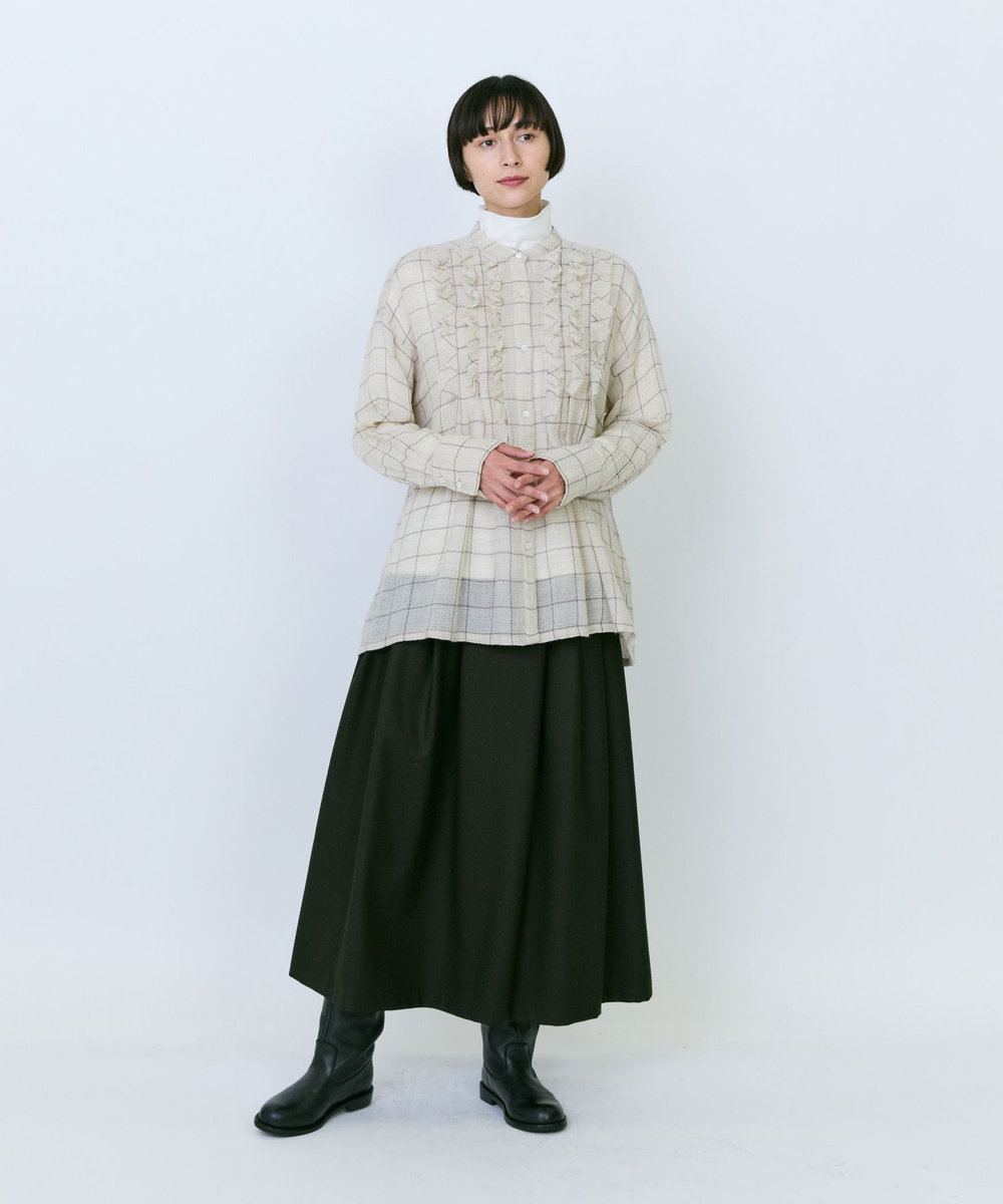 LOISIR ウールガーゼ断ち切りフリルブラウス ベージュ