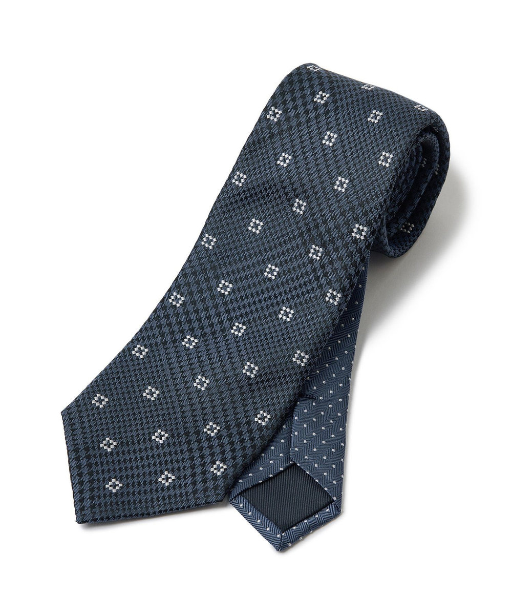 MEN'S BIGI 小紋グレンチェックxドット柄シルクネクタイ ブルー