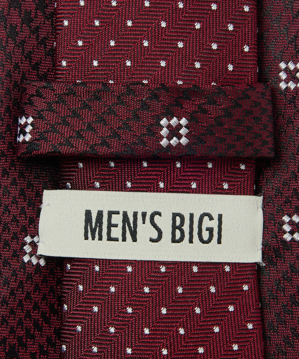 MEN'S BIGI 小紋グレンチェックxドット柄シルクネクタイ ボルドー