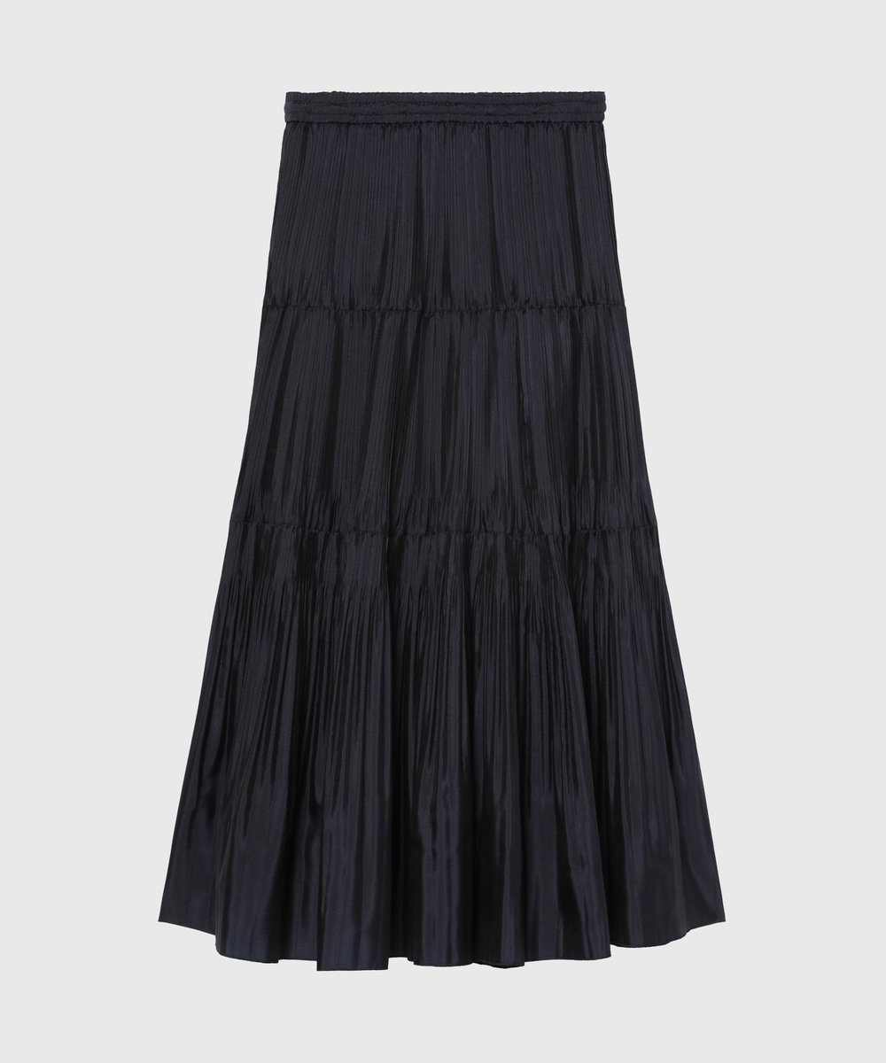 DÉPAREILLÉ SILK POLY TIERED PLEATS SKIRT / シルクポリティアードプリーツスカート ネイビー