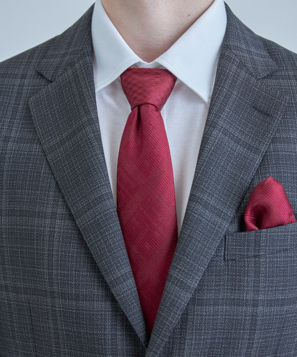 MEN'S BIGI ジオメトリック柄xシャドー千鳥柄クレリックタイ ボルドー