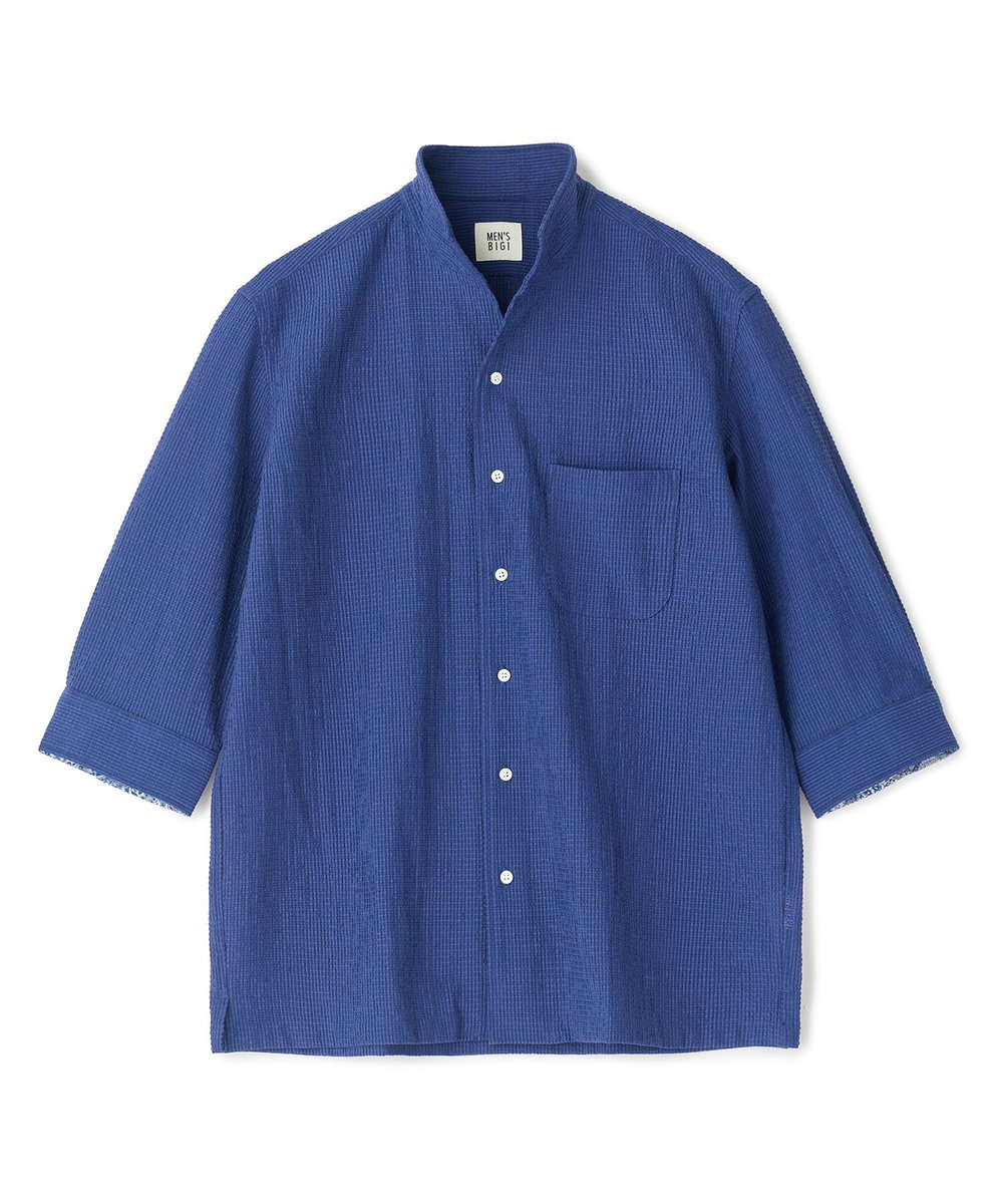 MEN'S BIGI ストレッチサッカー七分袖シャツ＜ストレッチ/通気性＞ ネイビー