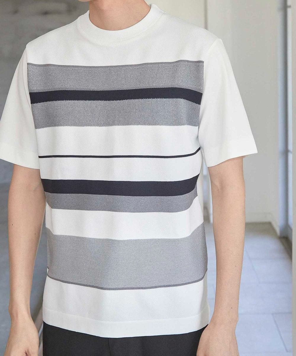 UNION STATION ニット切り替え ボーダー ポンチTシャツ ホワイト系その他