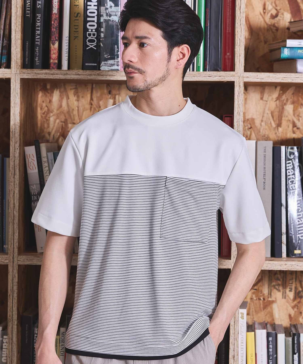 UNION STATION ボーダー天竺×ストレッチカルゼTシャツ ホワイト