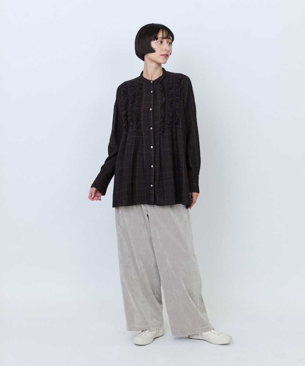LOISIR ウールガーゼ断ち切りフリルブラウス ブラウン