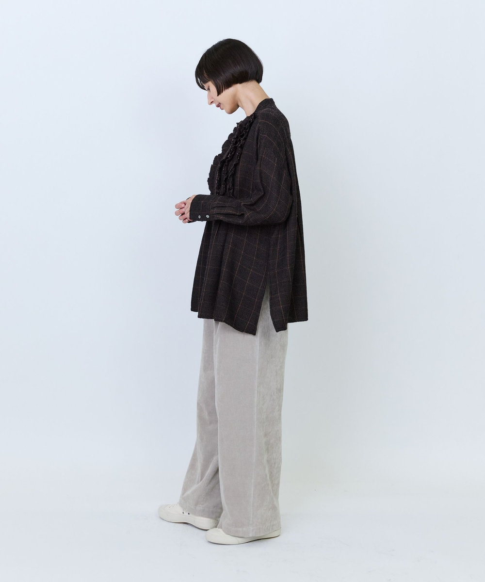 LOISIR ウールガーゼ断ち切りフリルブラウス ブラウン