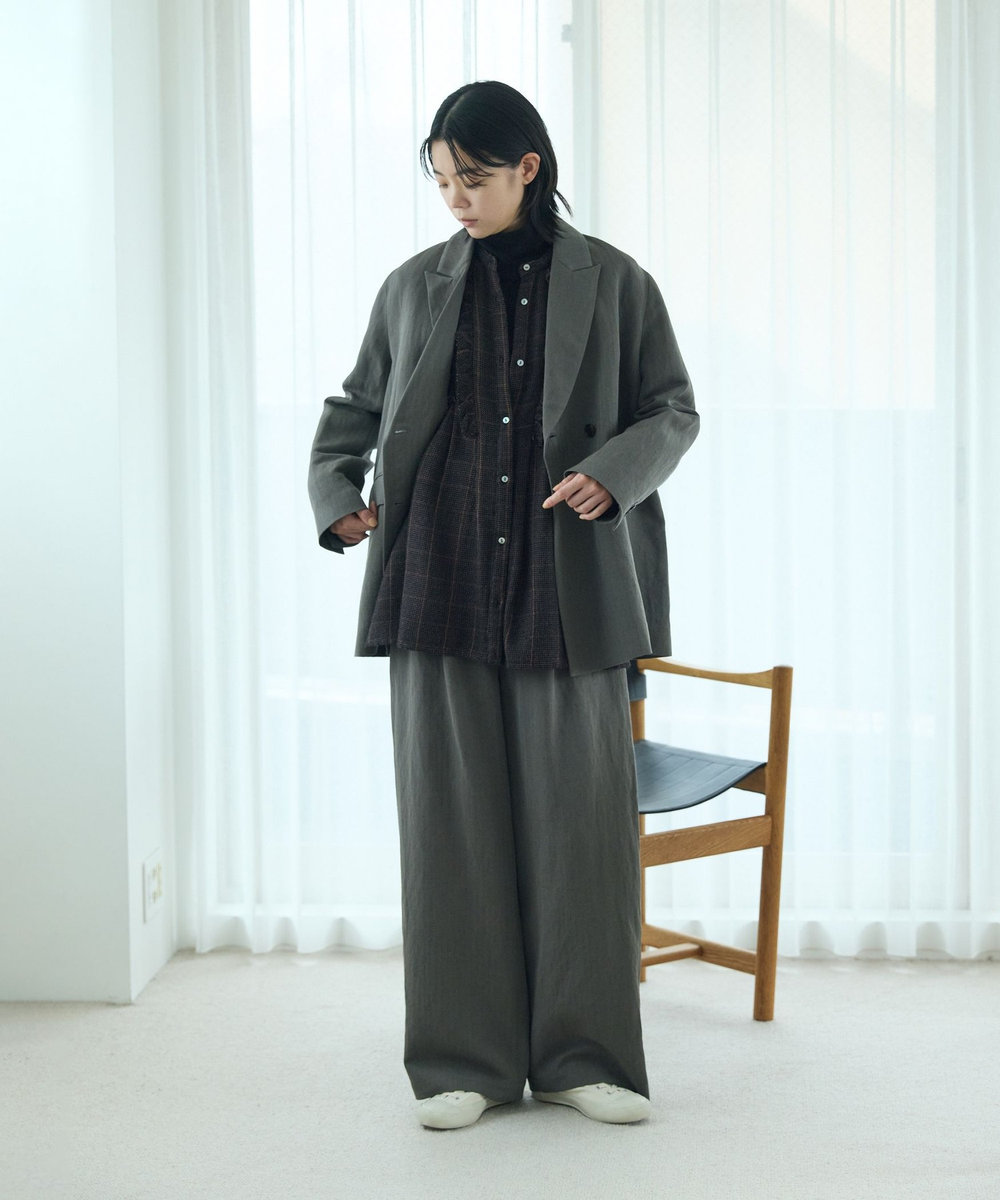 LOISIR ウールガーゼ断ち切りフリルブラウス ブラウン