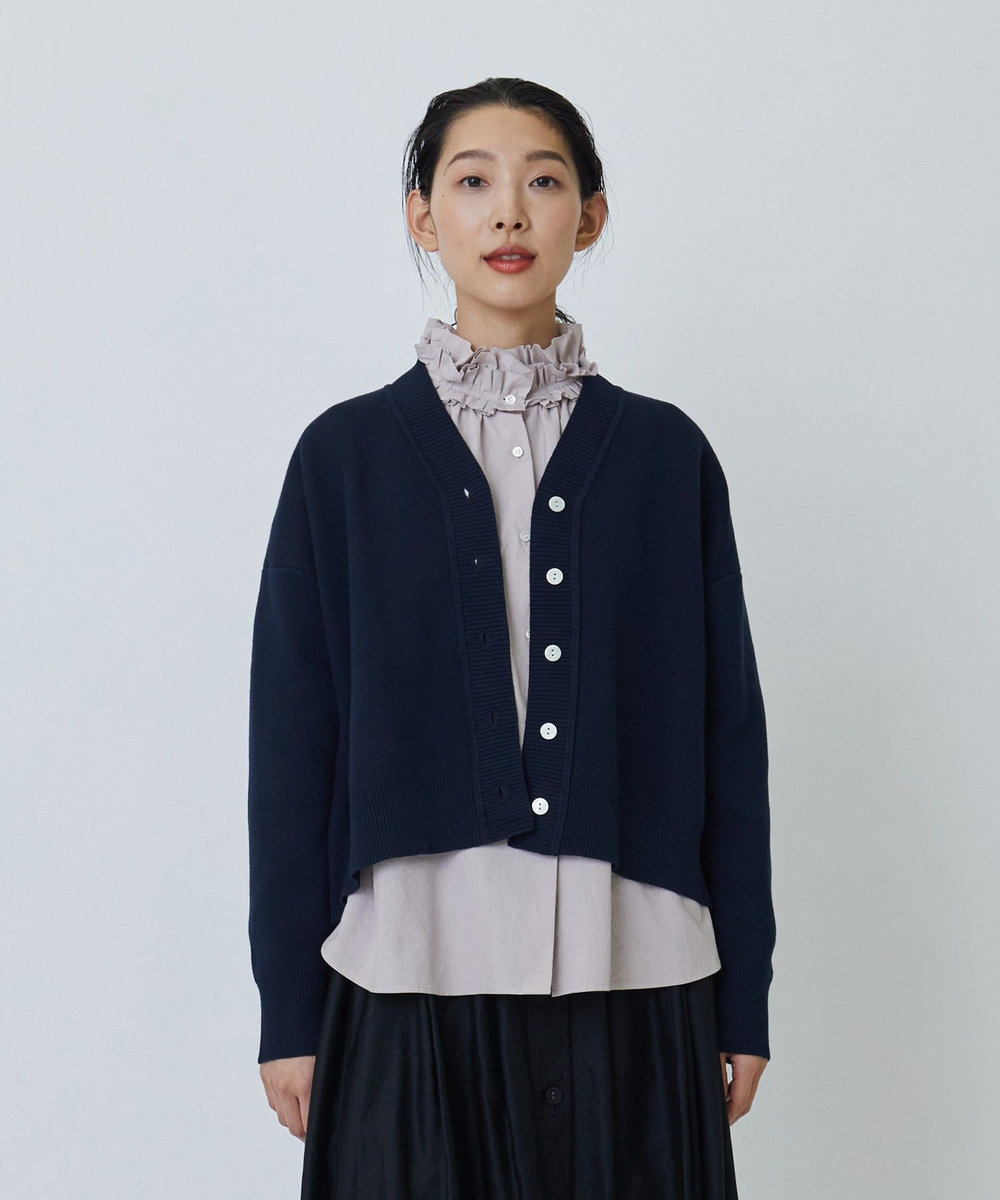 LOISIR コットン接結編みショートカーディガン ネイビー