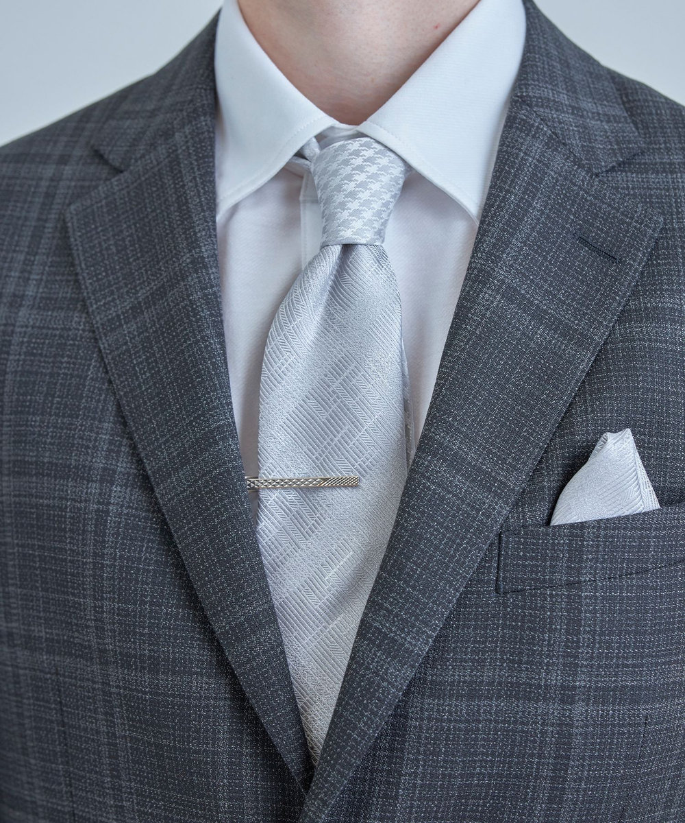 MEN'S BIGI ジオメトリック柄xシャドー千鳥柄クレリックタイ シルバー