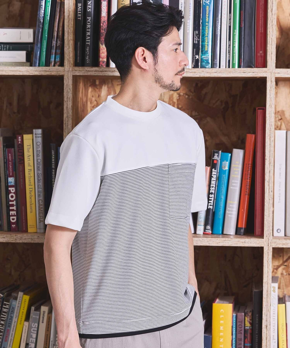 UNION STATION ボーダー天竺×ストレッチカルゼTシャツ ホワイト